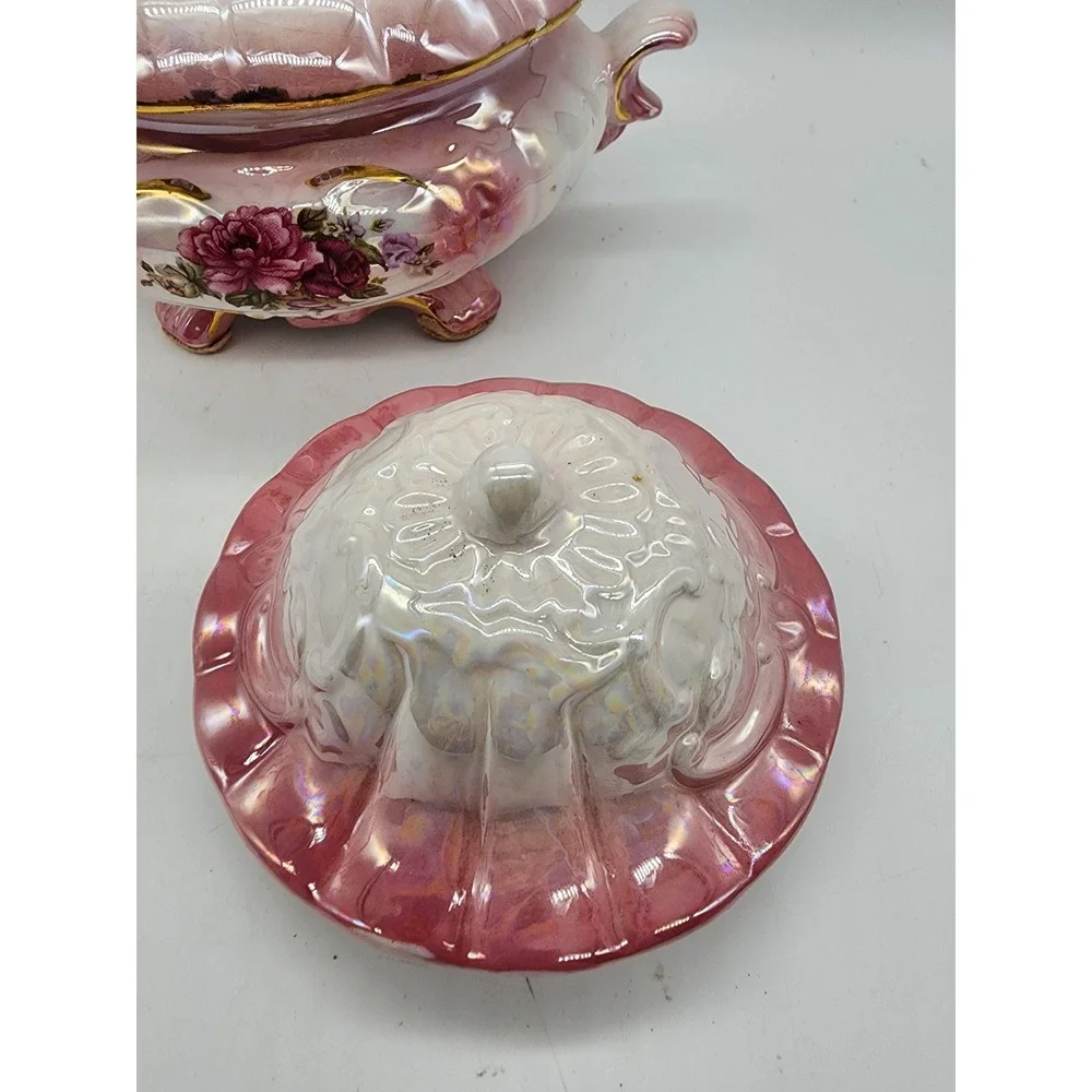 Vintage Pink Lusterware Floral Ceramic Lidded Dish Gold Trim Footed Tureen 6x7